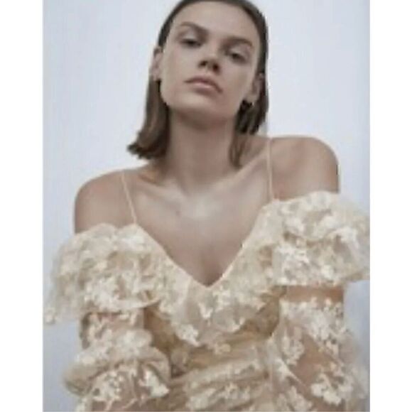 Zara Embroidered Ruffle Off Shoulder Lace Top Blouse Size XS Cream - Picture 5 of 14